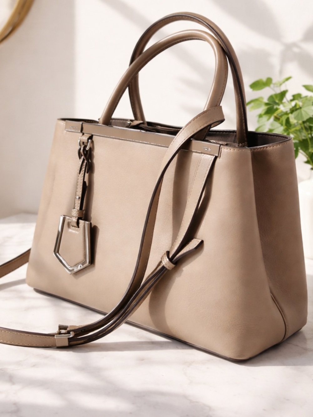 Fendi 2Jour Taupe Leather Top-Handle Satchel Bag with Detachable Strap.